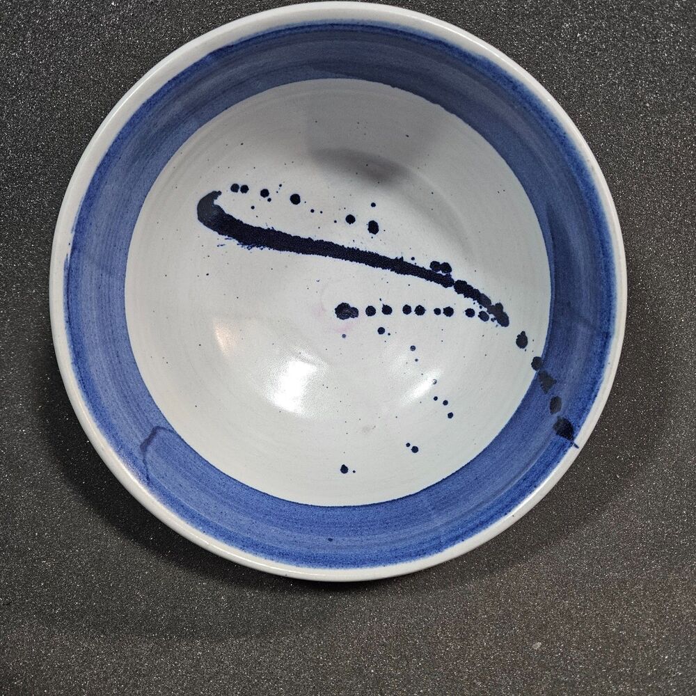 Handmade Studio Pottery Bowl Blue White Stoneware Signed Artisan Dish